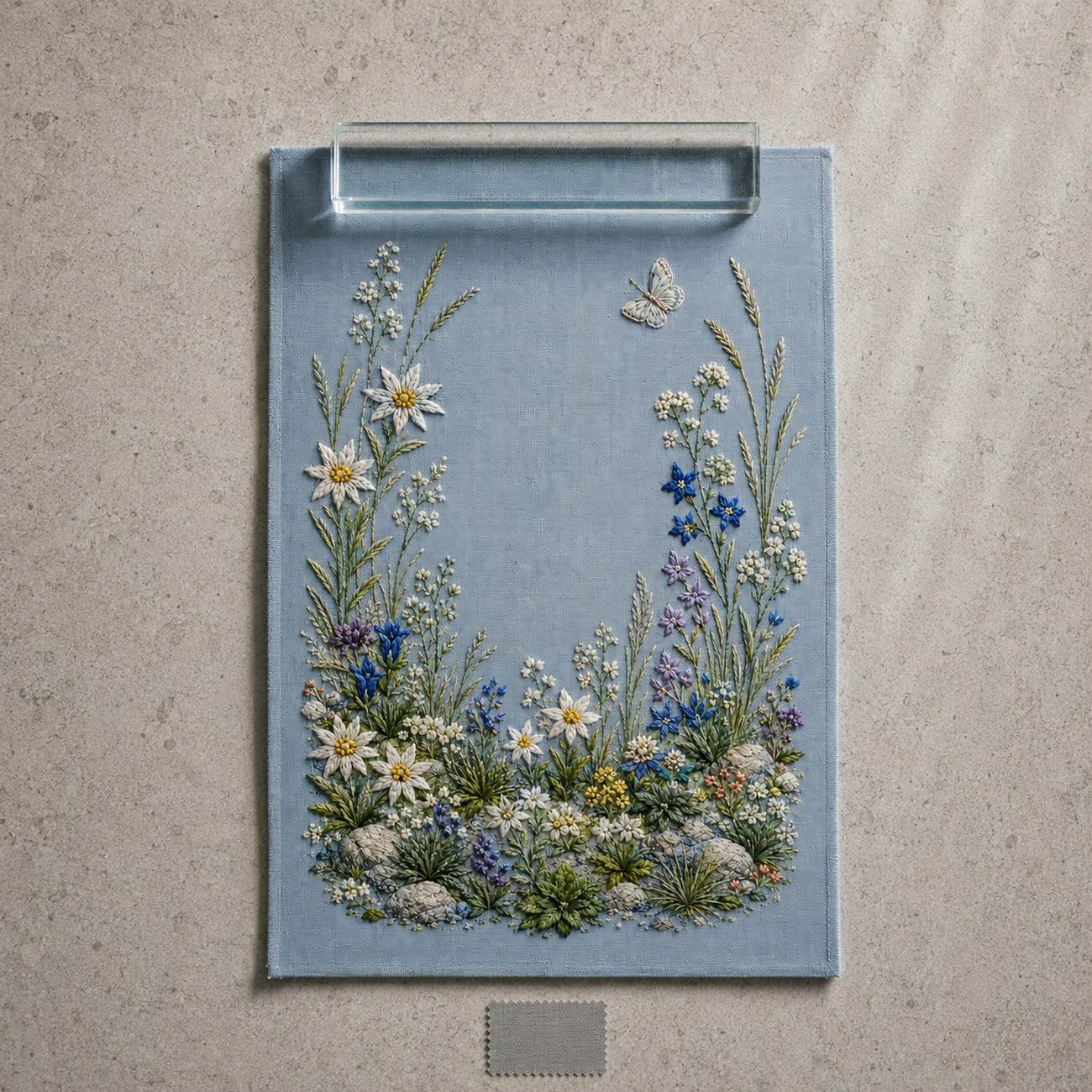 Alpine Flower Stone Blue finished design flatlay for the digital hand embroidery pattern and stitch guide