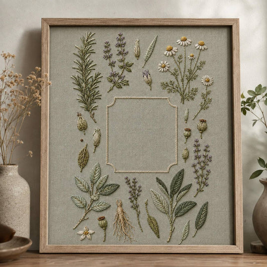 Apothecary Herb Study finished hoop hero for the digital hand embroidery pattern and stitch guide