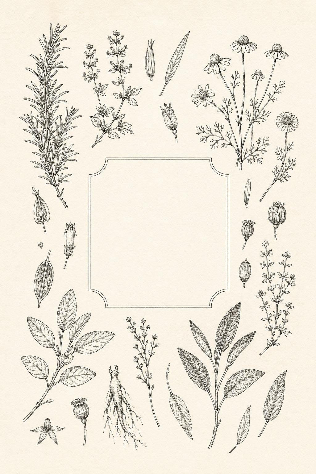 Apothecary Herb Study transfer linework preview for the digital hand embroidery pattern and stitch guide