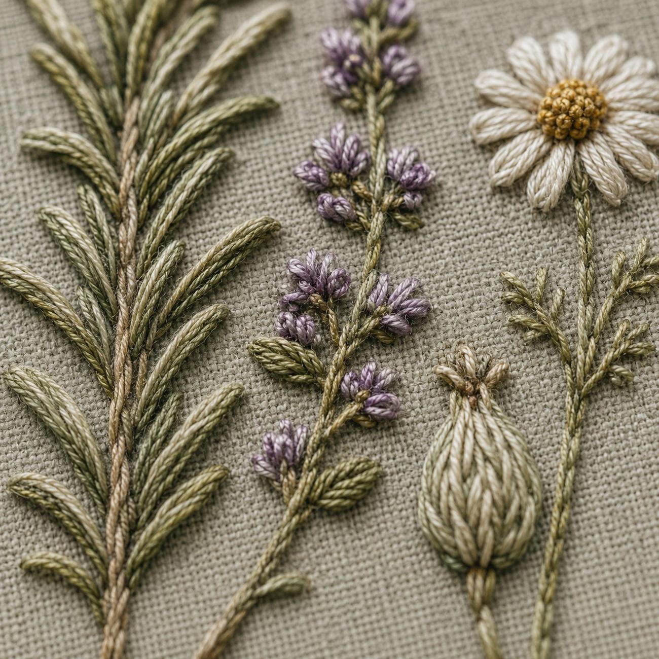 Apothecary Herb Study stitch detail closeup for the digital hand embroidery pattern and stitch guide