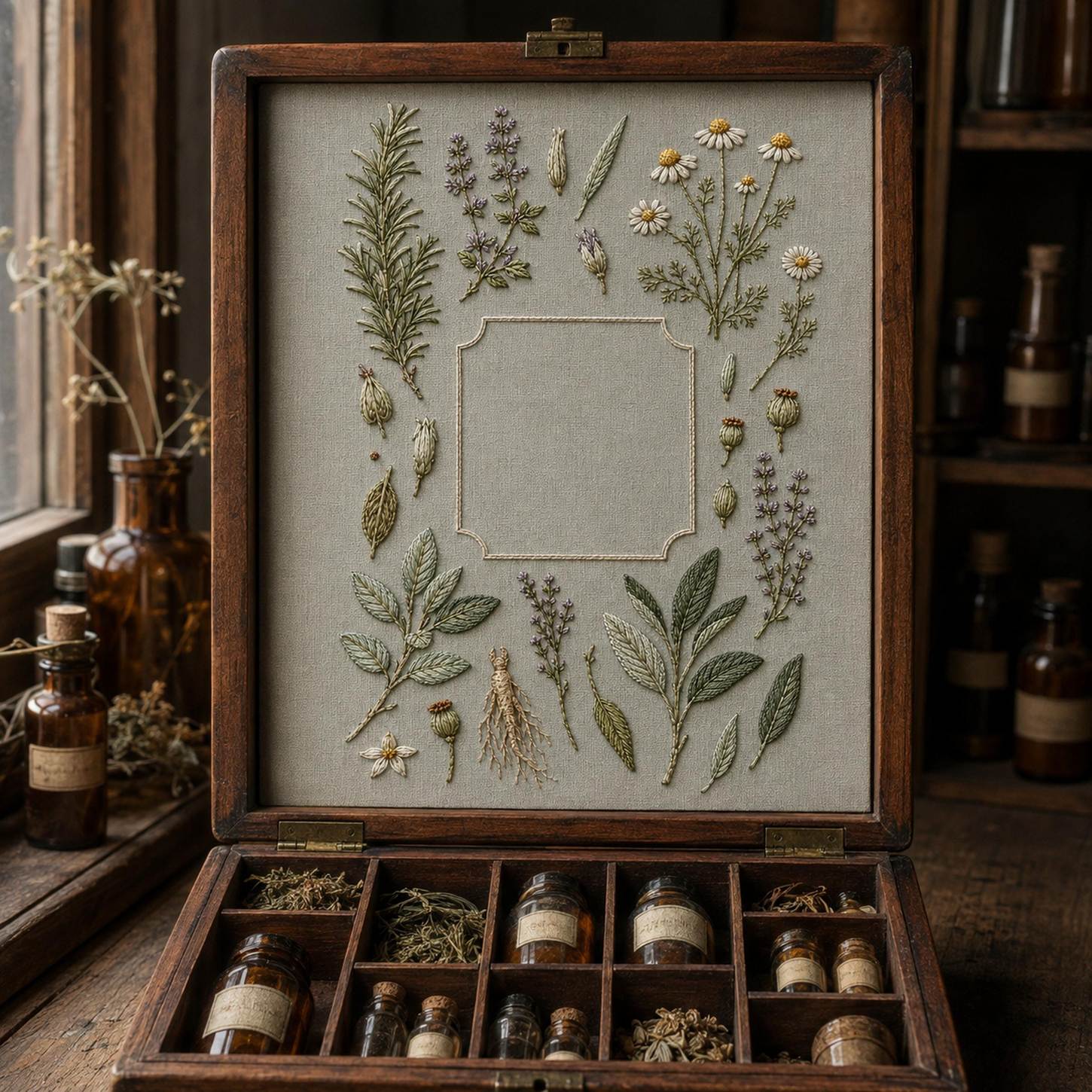 Apothecary Herb Study framed textile display for the digital hand embroidery pattern and stitch guide