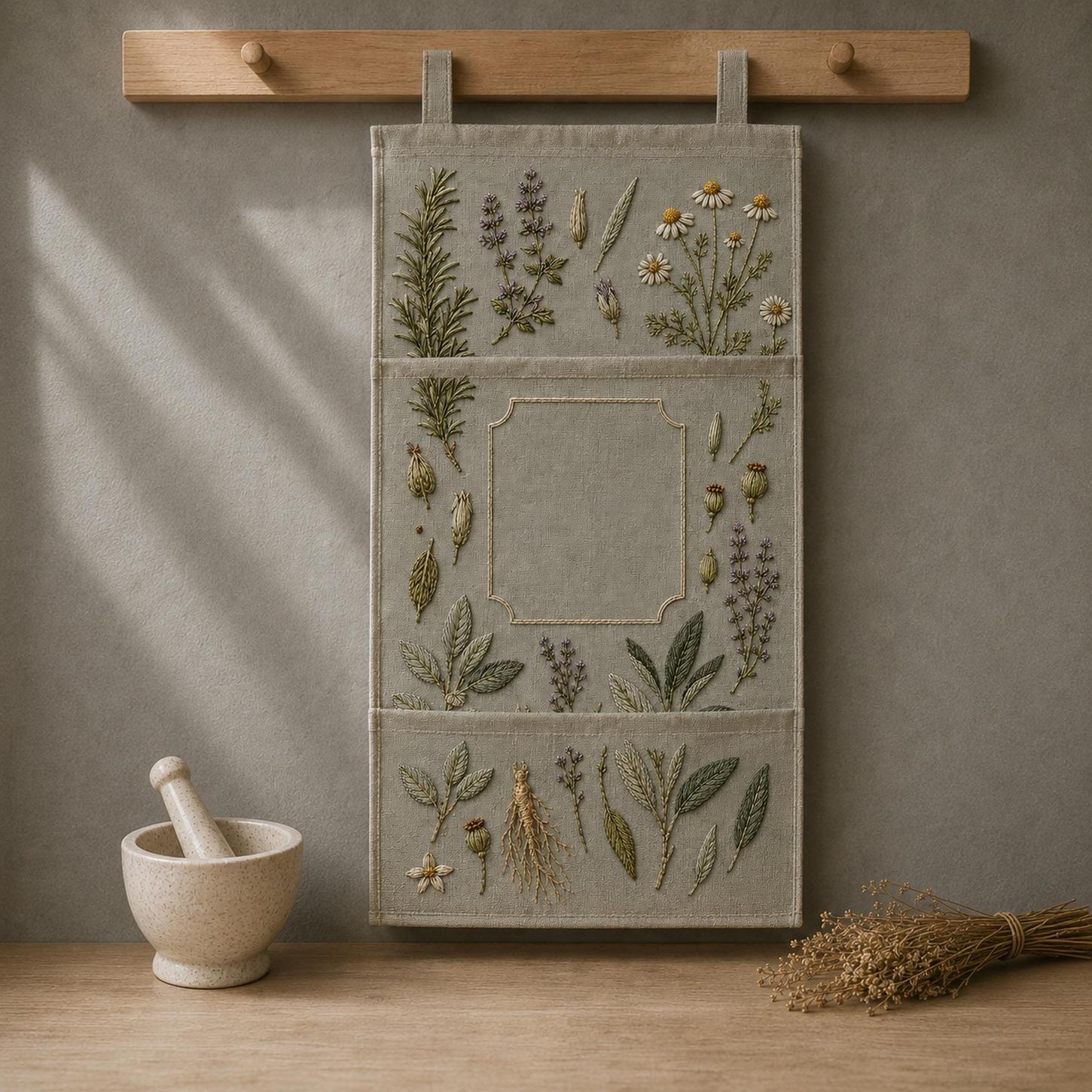 Apothecary Herb Study embroidery portfolio display for the digital hand embroidery pattern and stitch guide