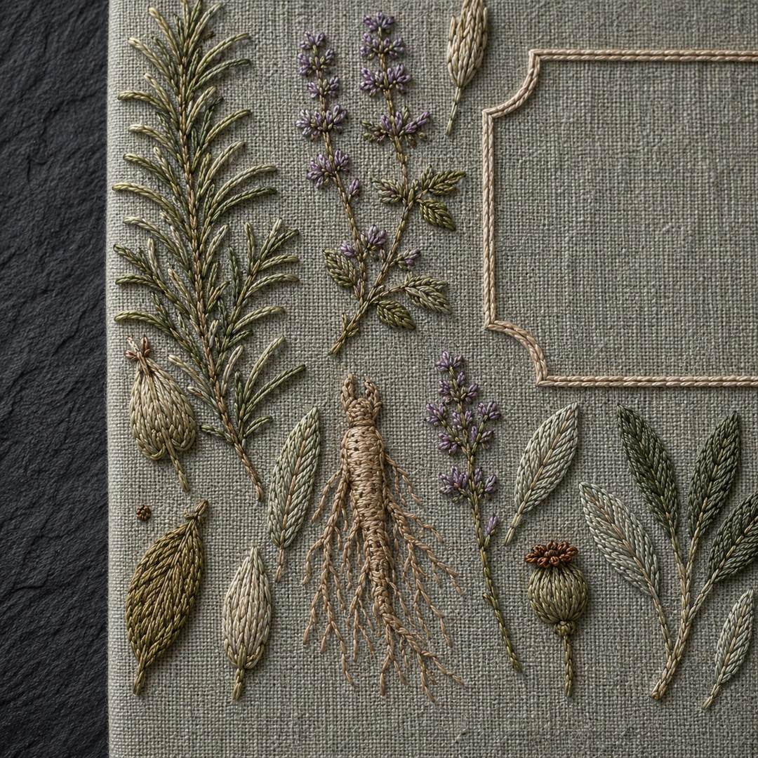 Apothecary Herb Study finished design flatlay for the digital hand embroidery pattern and stitch guide