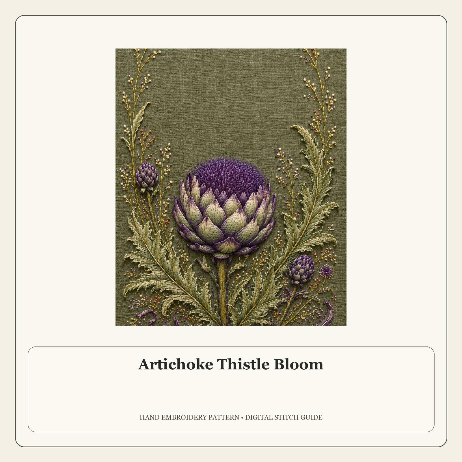 Artichoke Thistle Bloom stitch guide cover for the digital hand embroidery pattern and stitch guide
