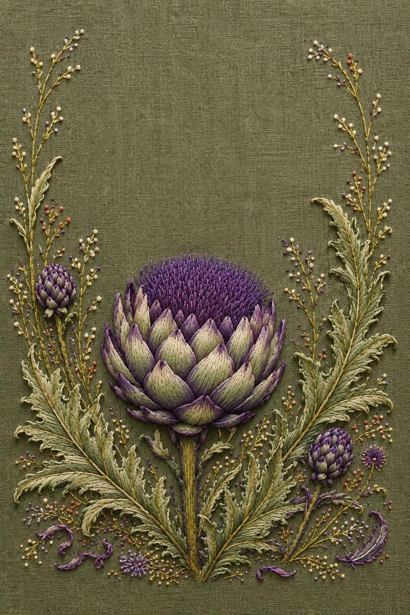 Artichoke Thistle Bloom finished embroidery reference for the digital hand embroidery pattern and stitch guide