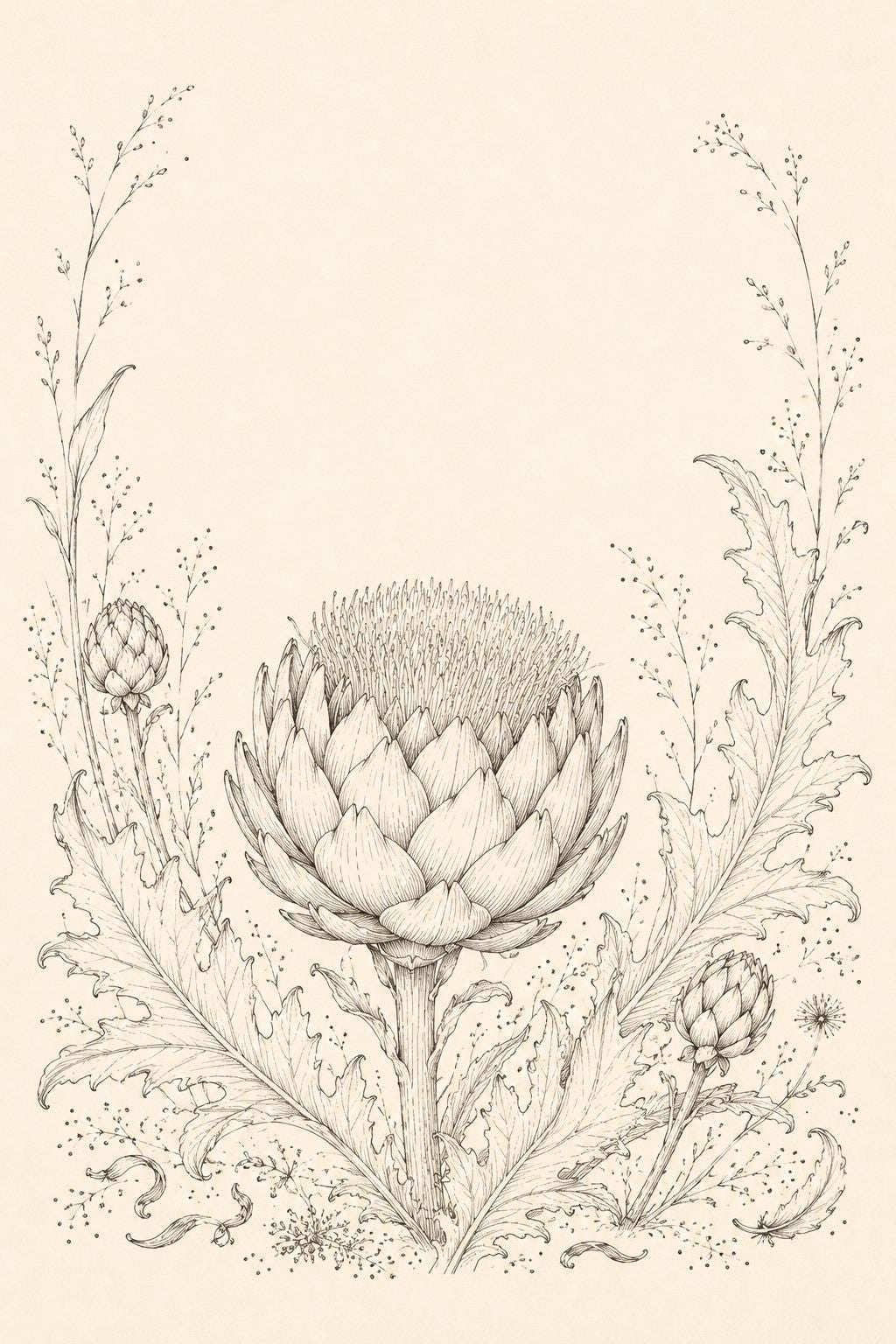 Artichoke Thistle Bloom transfer linework preview for the digital hand embroidery pattern and stitch guide