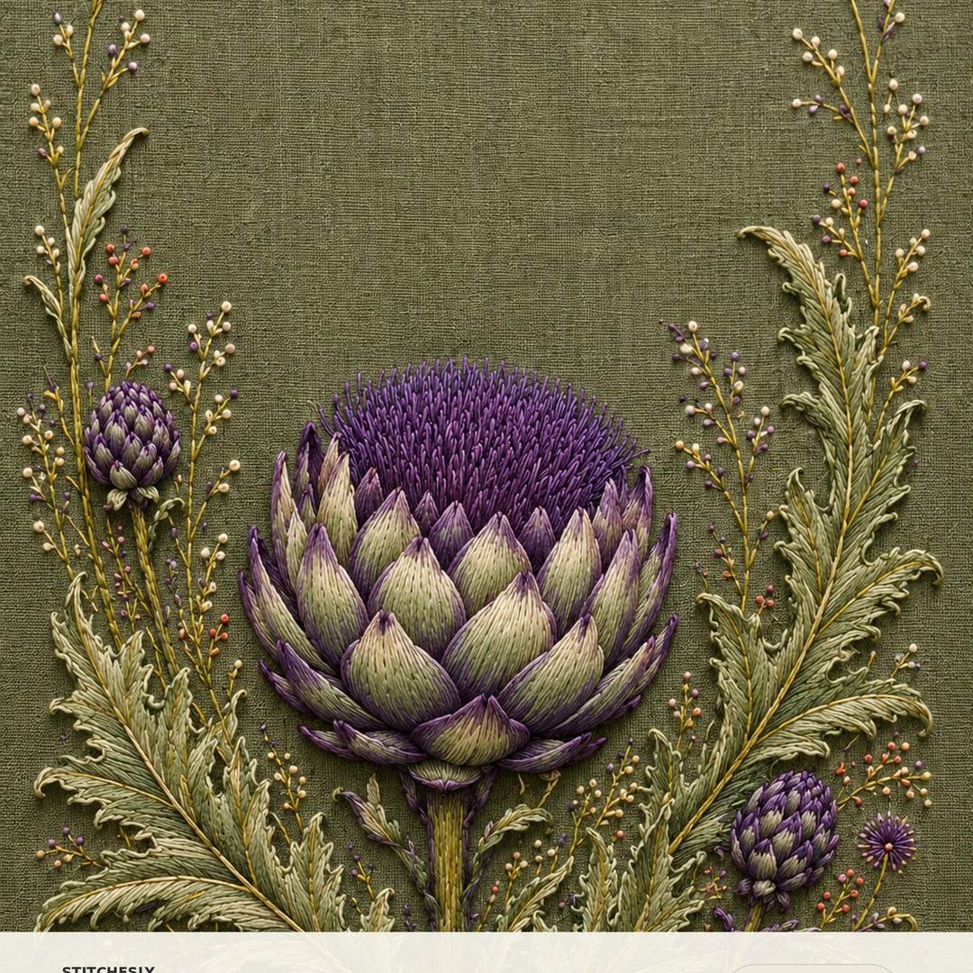 Artichoke Thistle Bloom pattern edition overview for the digital hand embroidery pattern and stitch guide