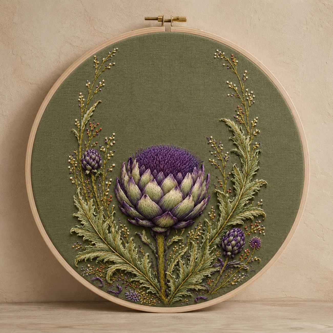 Artichoke Thistle Bloom embroidered project idea for the digital hand embroidery pattern and stitch guide