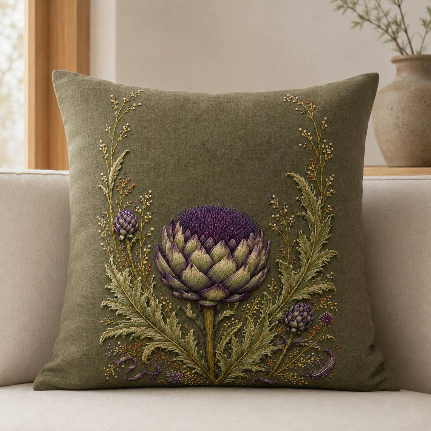 Artichoke Thistle Bloom stitch detail closeup for the digital hand embroidery pattern and stitch guide