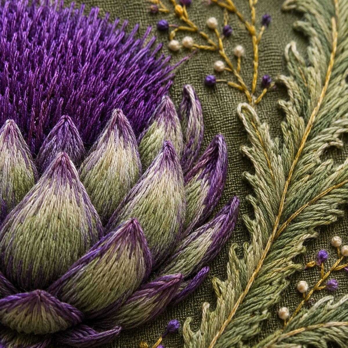 Artichoke Thistle Bloom stitch guide preview for the digital hand embroidery pattern and stitch guide