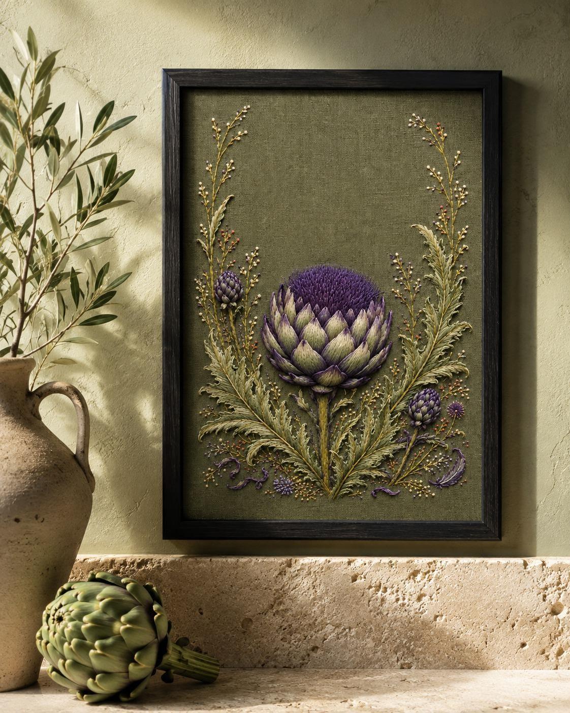Artichoke Thistle Bloom embroidery portfolio display for the digital hand embroidery pattern and stitch guide