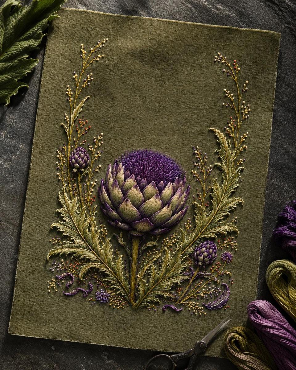 Artichoke Thistle Bloom finished design flatlay for the digital hand embroidery pattern and stitch guide