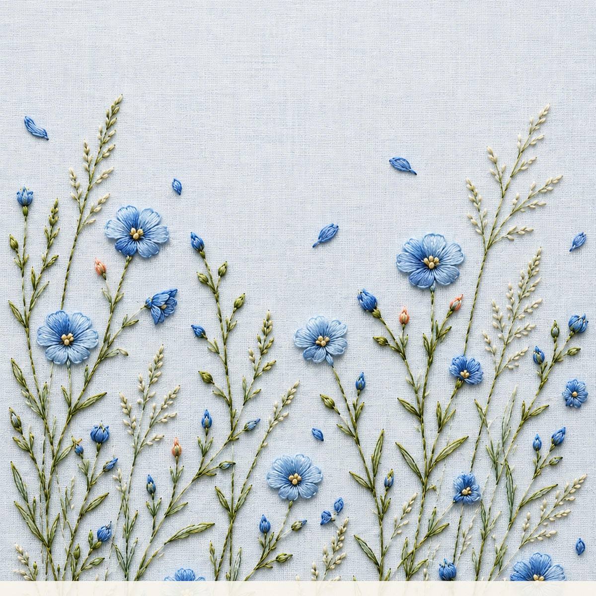 Blue Flax Meadow Thread pattern edition overview for the digital hand embroidery pattern and stitch guide