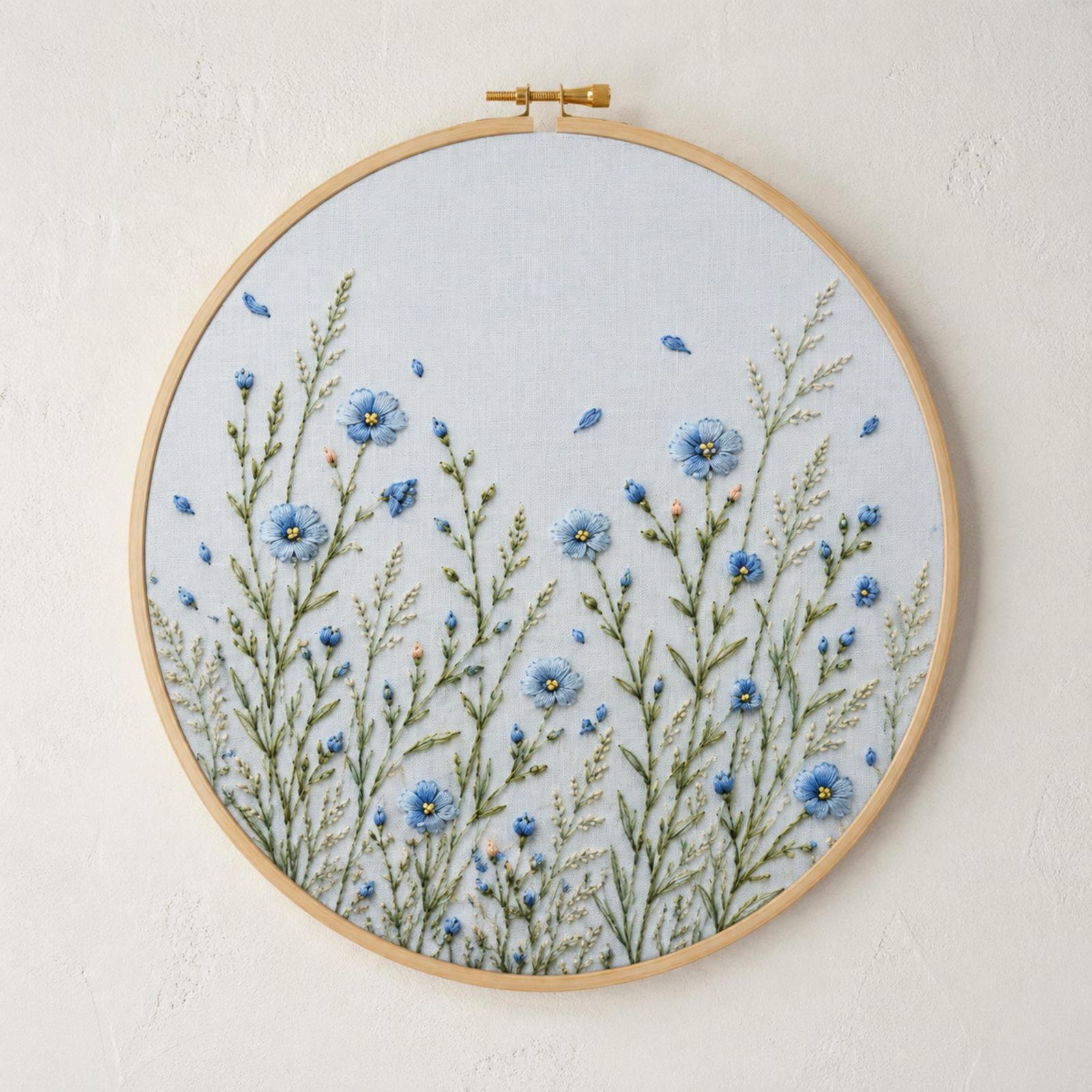 Blue Flax Meadow Thread embroidered project idea for the digital hand embroidery pattern and stitch guide