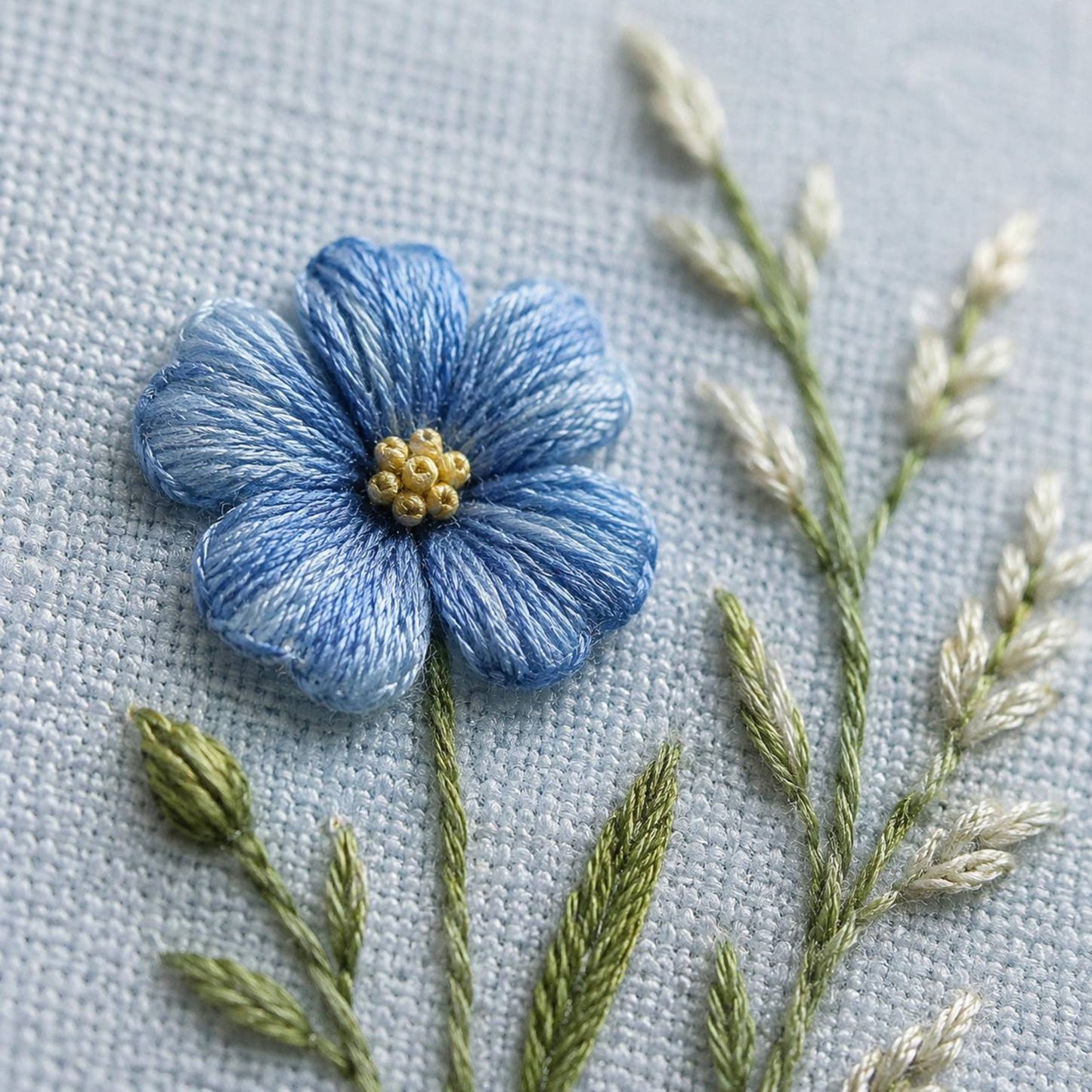 Blue Flax Meadow Thread stitch guide preview for the digital hand embroidery pattern and stitch guide