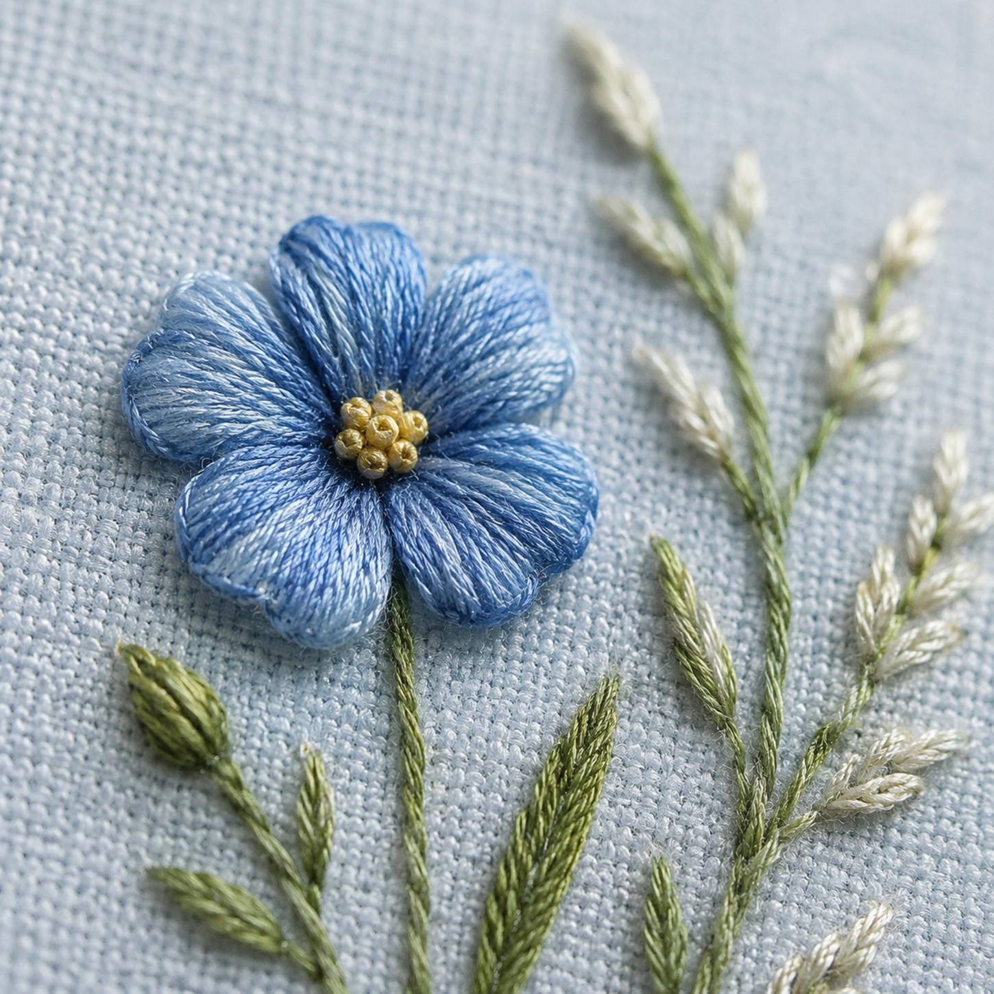 Blue Flax Meadow Thread stitch guide preview for the digital hand embroidery pattern and stitch guide