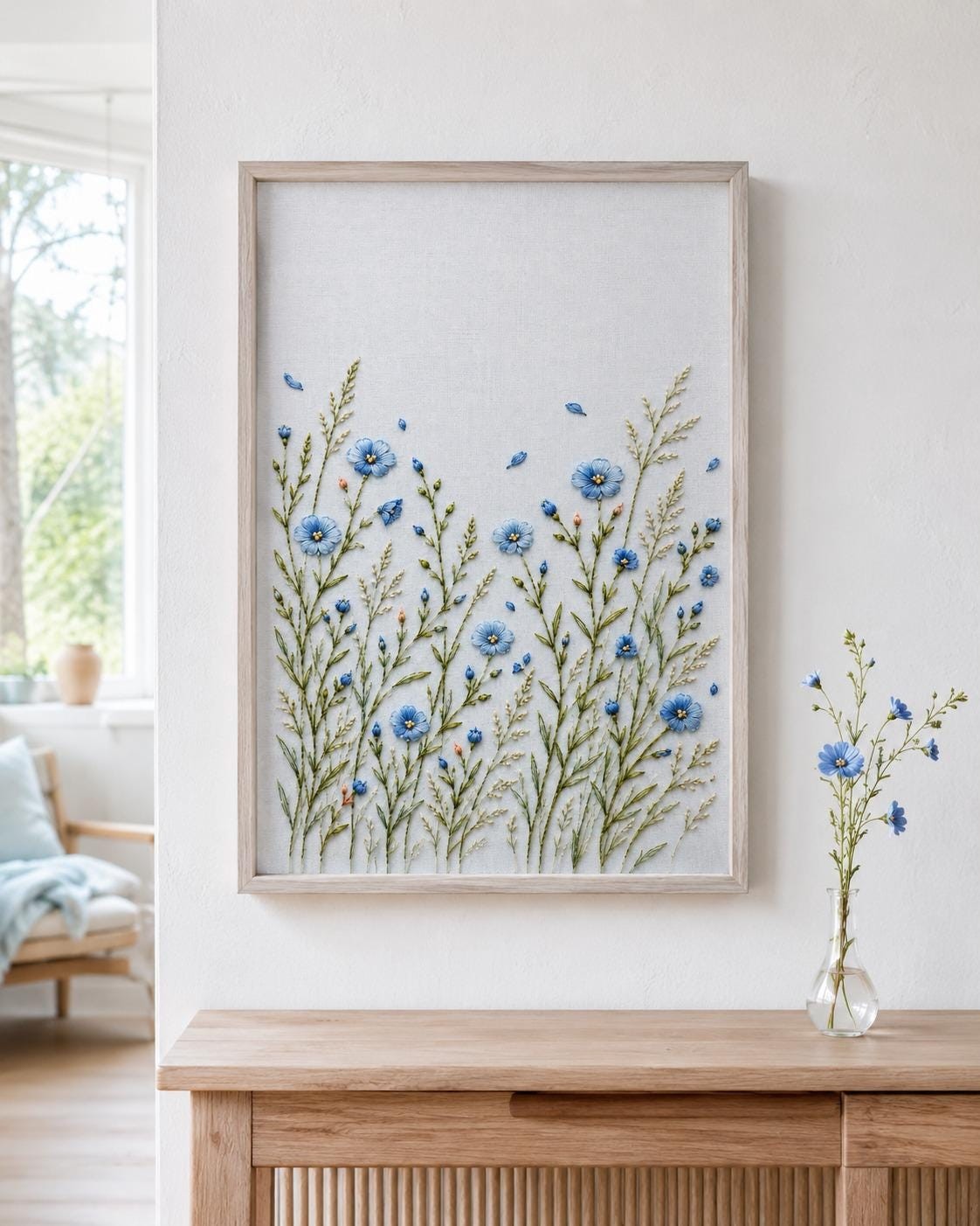 Blue Flax Meadow Thread embroidery portfolio display for the digital hand embroidery pattern and stitch guide
