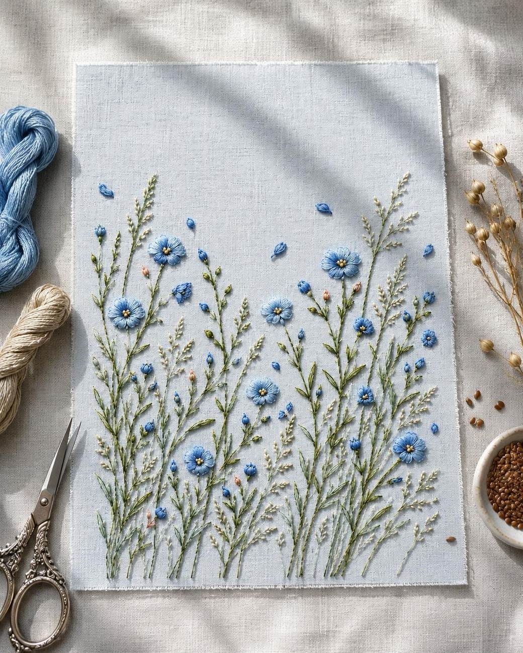 Blue Flax Meadow Thread finished design flatlay for the digital hand embroidery pattern and stitch guide