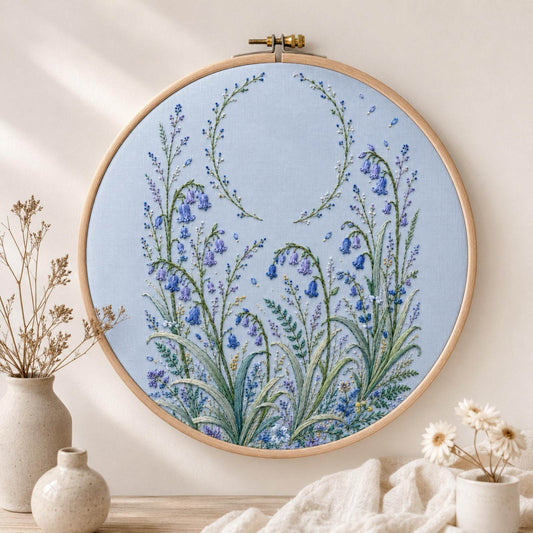 Bluebell Woodland Drift finished hoop hero for the digital hand embroidery pattern and stitch guide