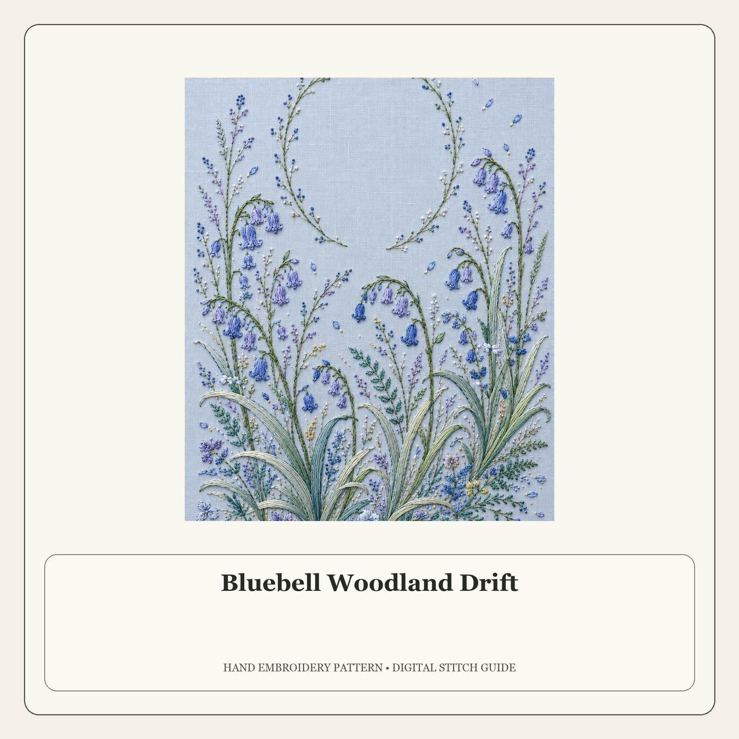 Bluebell Woodland Drift stitch guide cover for the digital hand embroidery pattern and stitch guide