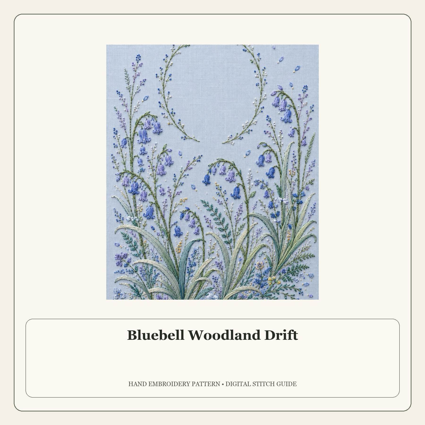 Bluebell Woodland Drift stitch guide cover for the digital hand embroidery pattern and stitch guide