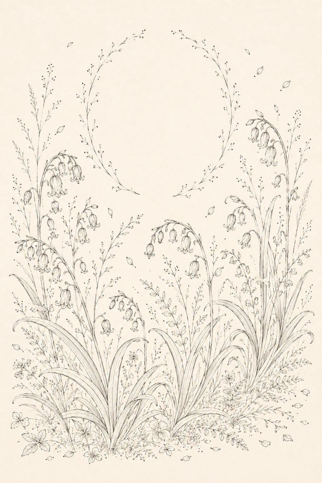 Bluebell Woodland Drift transfer linework preview for the digital hand embroidery pattern and stitch guide
