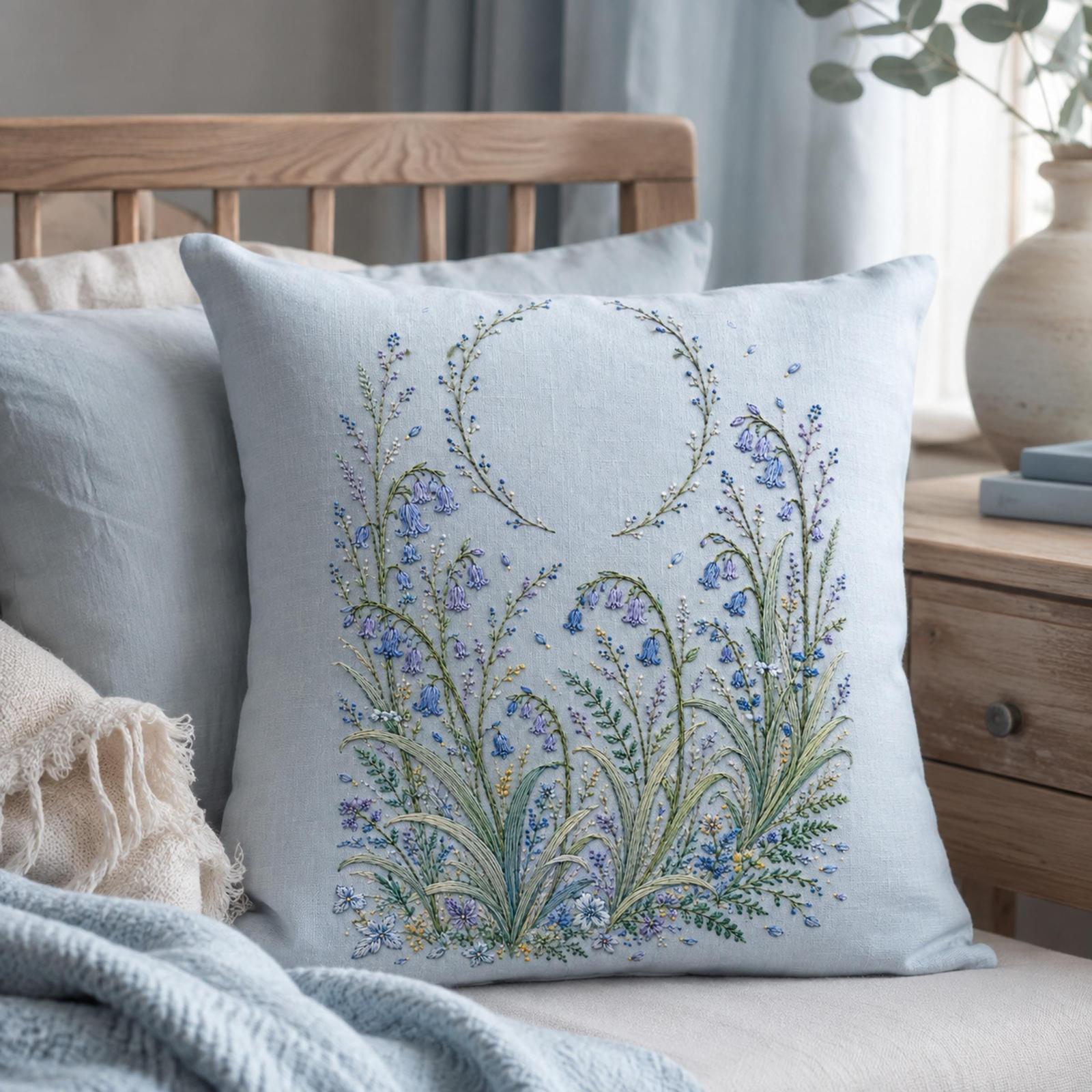 Bluebell Woodland Drift stitch detail closeup for the digital hand embroidery pattern and stitch guide