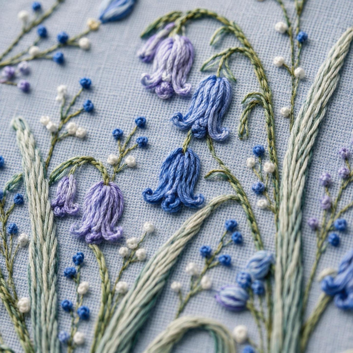 Bluebell Woodland Drift stitch guide preview for the digital hand embroidery pattern and stitch guide