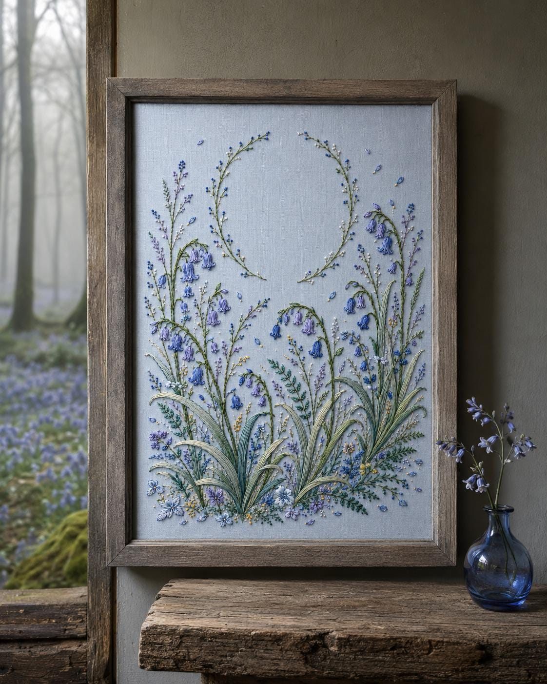 Bluebell Woodland Drift finished design flatlay for the digital hand embroidery pattern and stitch guide