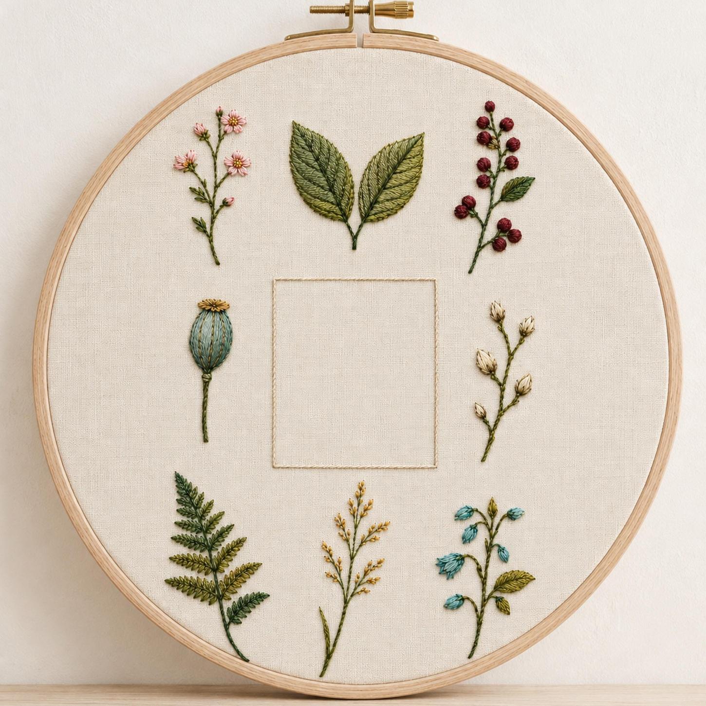 Botanical Specimen Grid finished hoop hero for the digital hand embroidery pattern and stitch guide