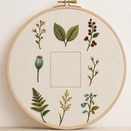Botanical Specimen Grid finished hoop hero for the digital hand embroidery pattern and stitch guide