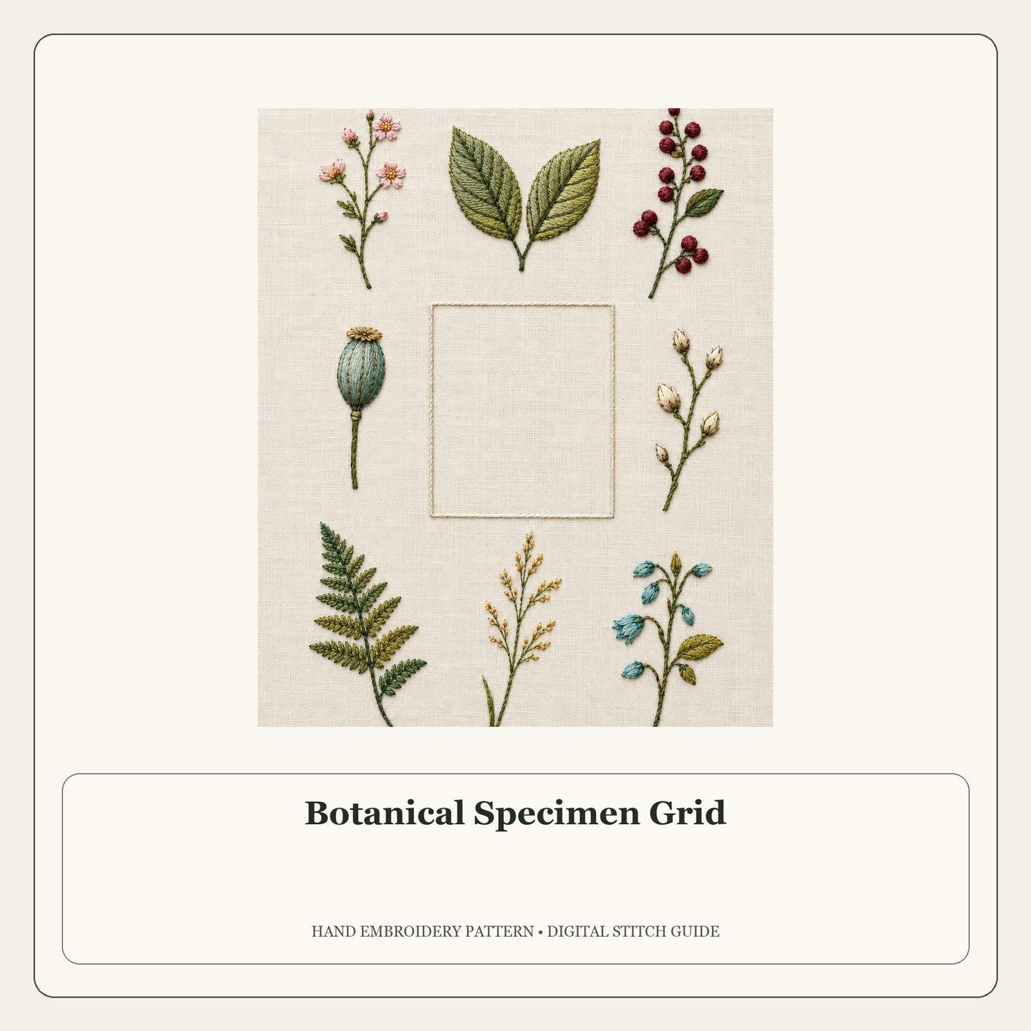Botanical Specimen Grid stitch guide cover for the digital hand embroidery pattern and stitch guide
