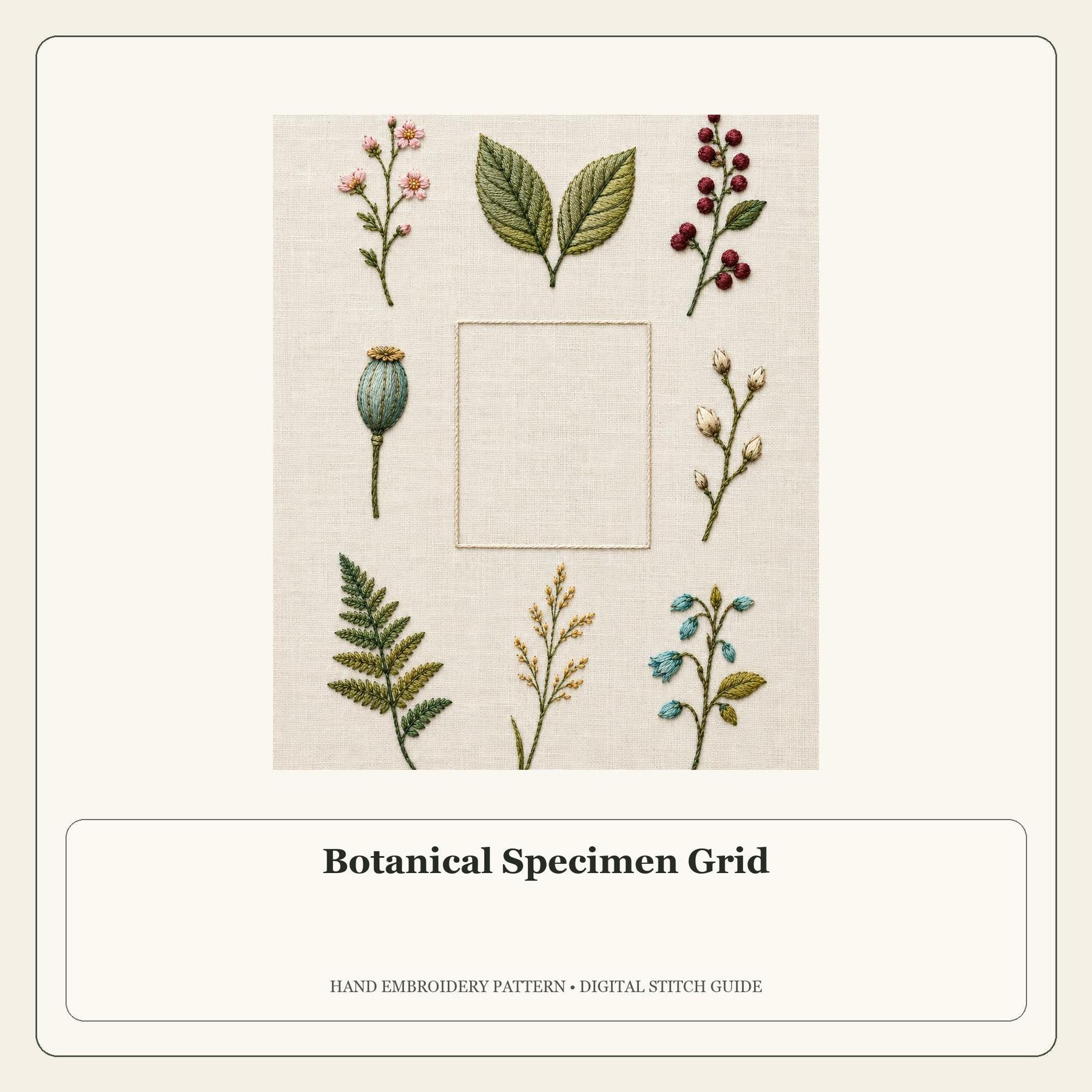 Botanical Specimen Grid stitch guide cover for the digital hand embroidery pattern and stitch guide
