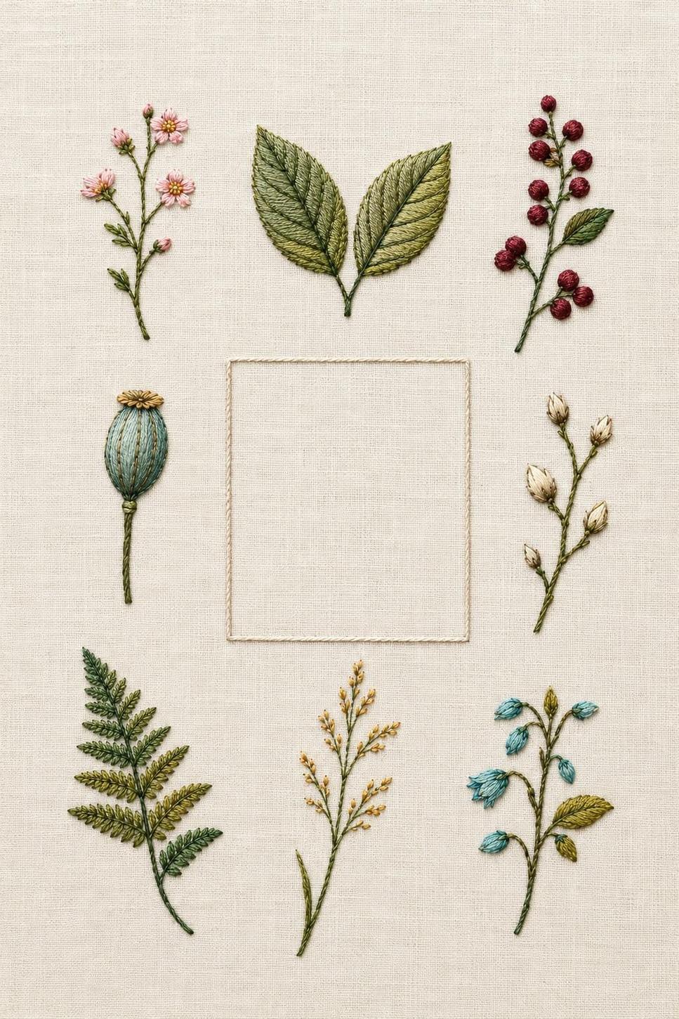 Botanical Specimen Grid finished embroidery reference for the digital hand embroidery pattern and stitch guide