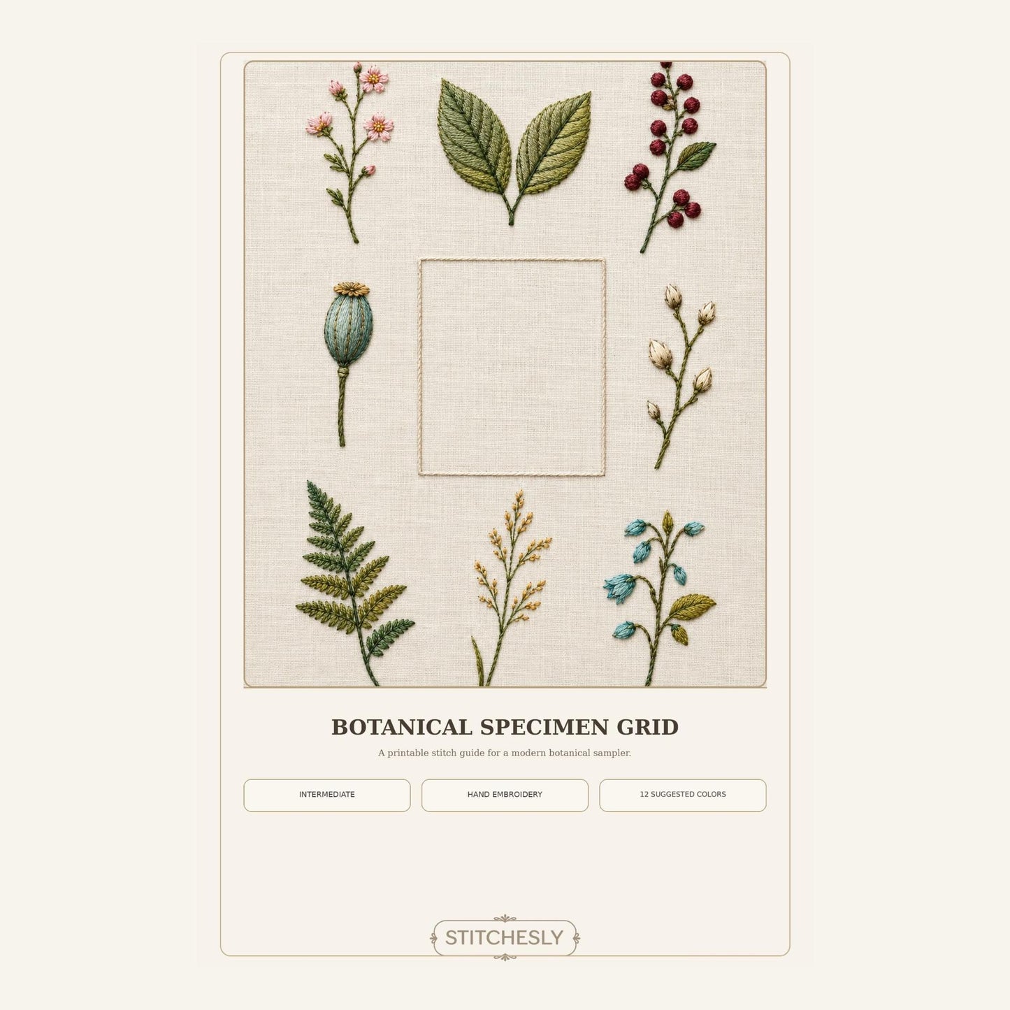 Botanical Specimen Grid pattern edition overview for the digital hand embroidery pattern and stitch guide