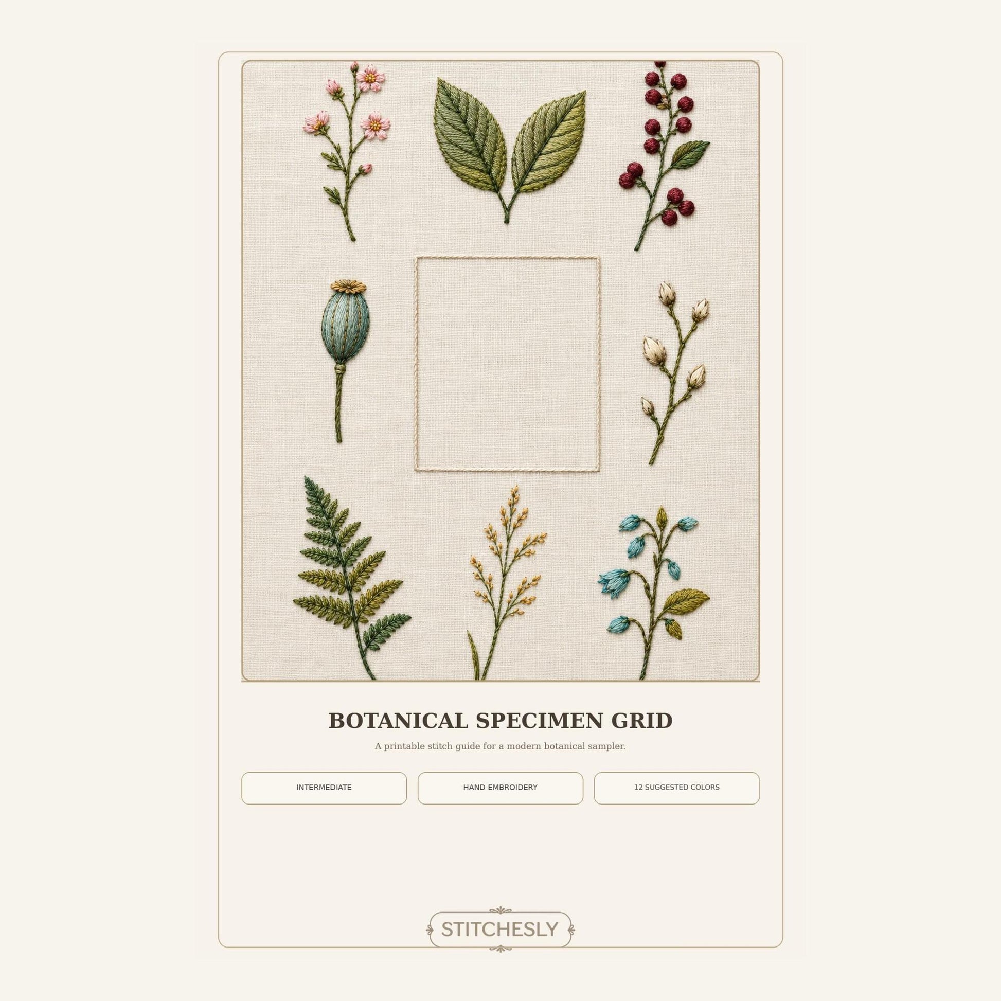 Botanical Specimen Grid pattern edition overview for the digital hand embroidery pattern and stitch guide