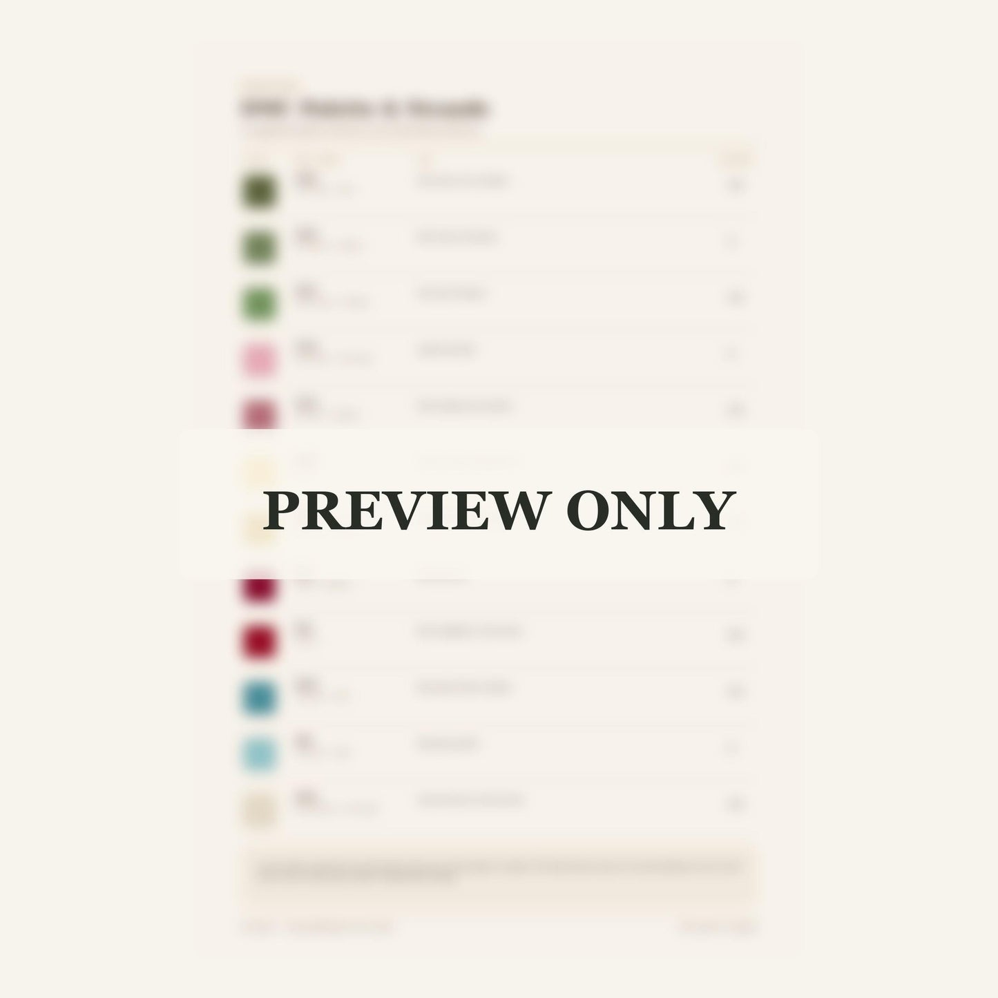 Botanical Specimen Grid dmc colour palette preview for the digital hand embroidery pattern and stitch guide