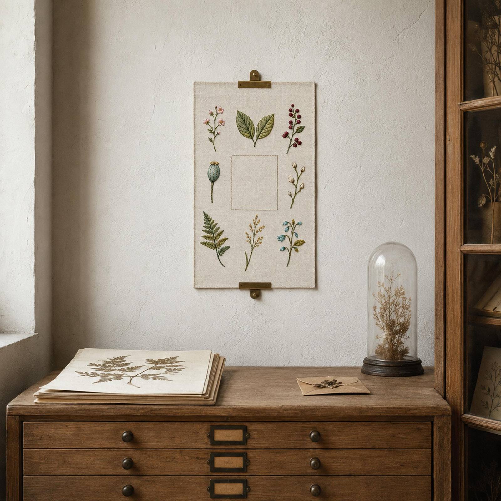 Botanical Specimen Grid framed textile display for the digital hand embroidery pattern and stitch guide