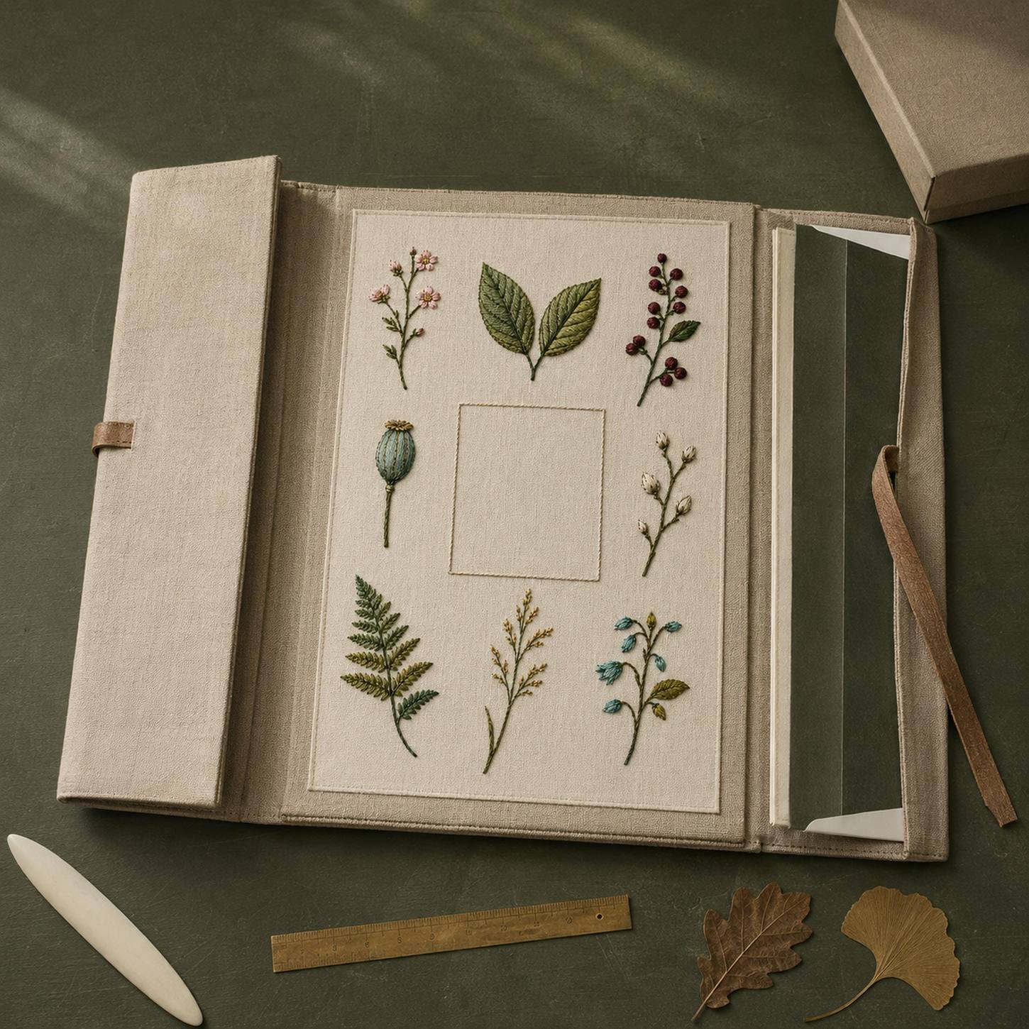 Botanical Specimen Grid embroidery portfolio display for the digital hand embroidery pattern and stitch guide