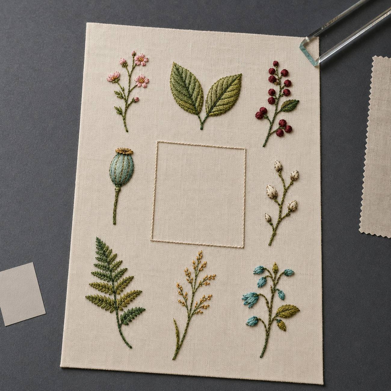 Botanical Specimen Grid finished design flatlay for the digital hand embroidery pattern and stitch guide