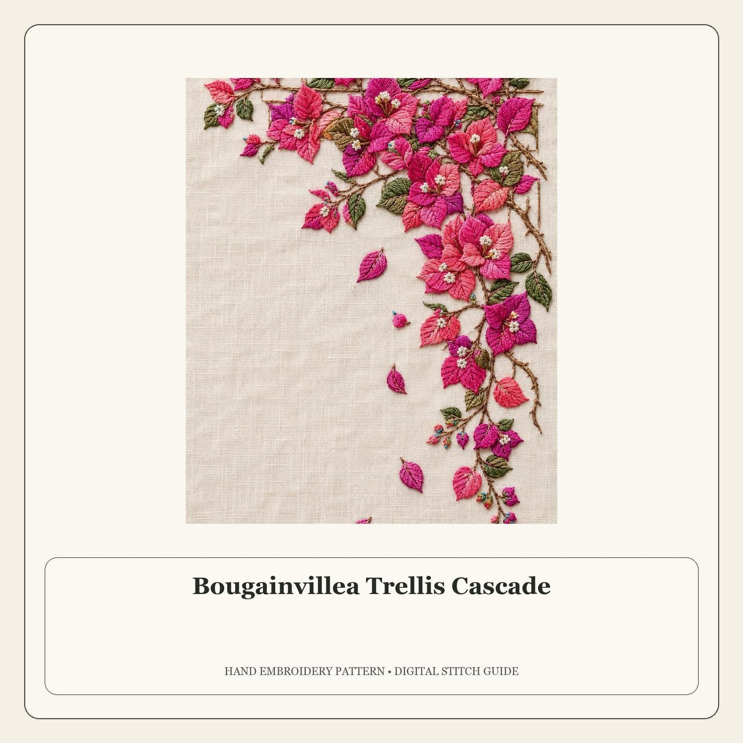 Bougainvillea Trellis Cascade stitch guide cover for the digital hand embroidery pattern and stitch guide