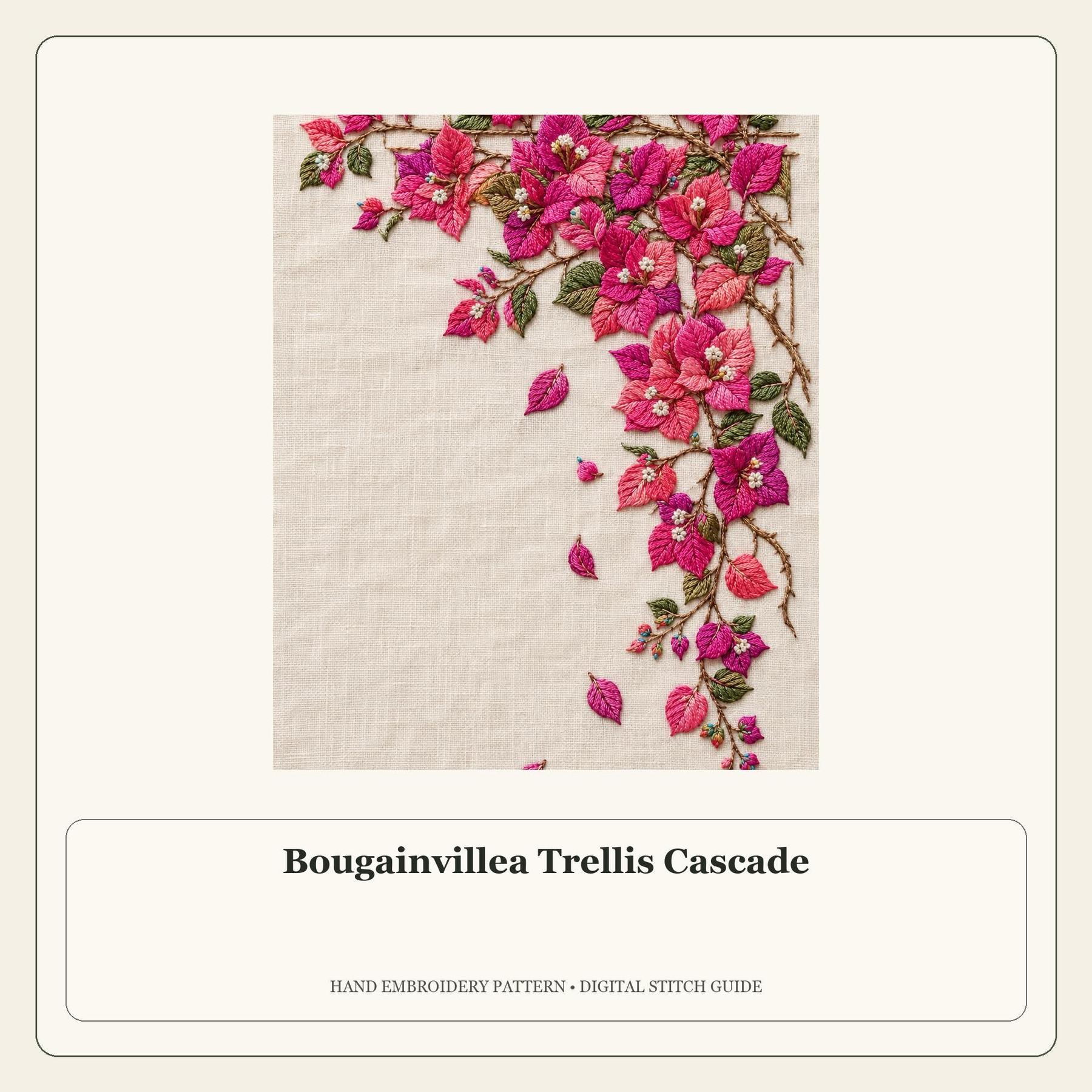 Bougainvillea Trellis Cascade stitch guide cover for the digital hand embroidery pattern and stitch guide