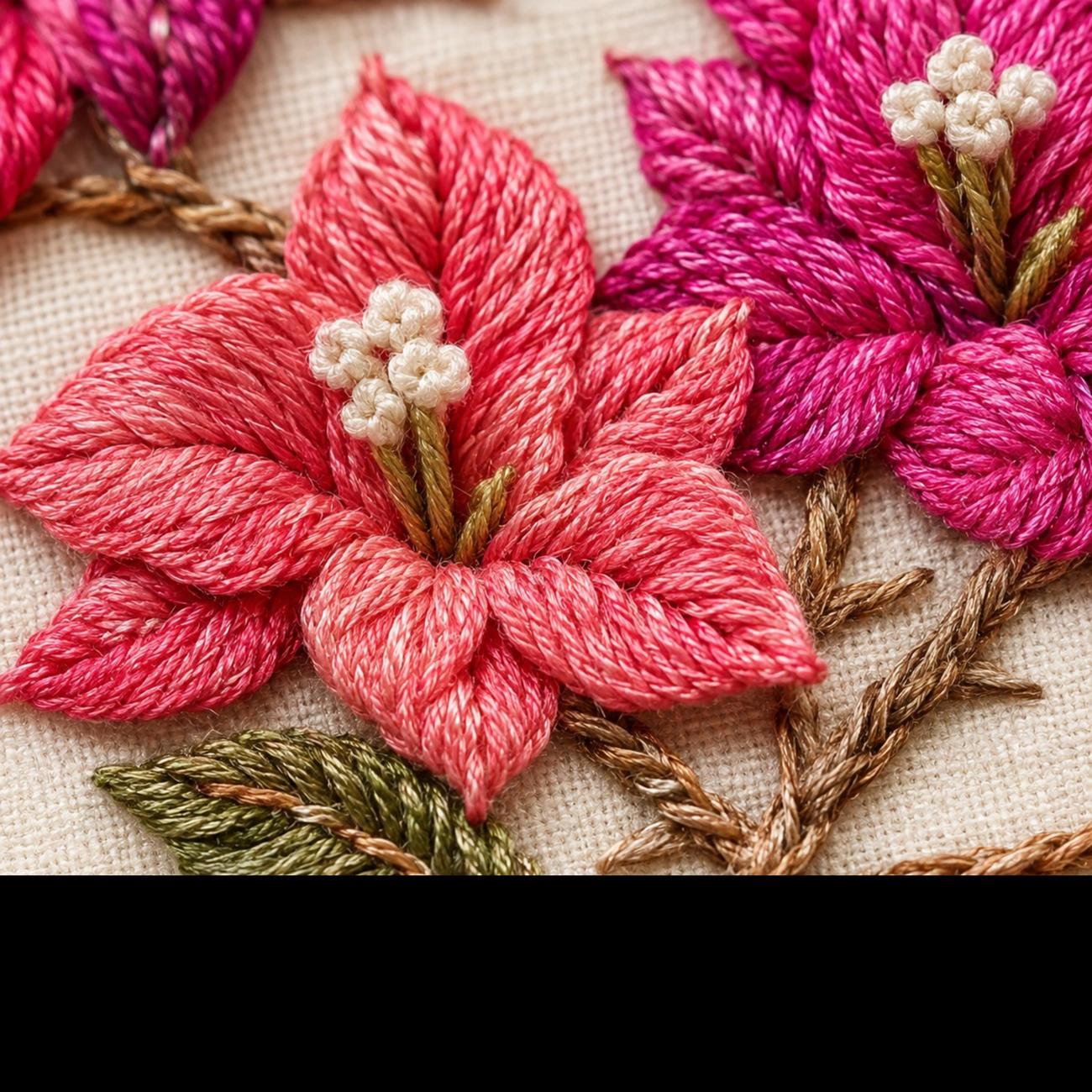 Bougainvillea Trellis Cascade embroidered project idea for the digital hand embroidery pattern and stitch guide
