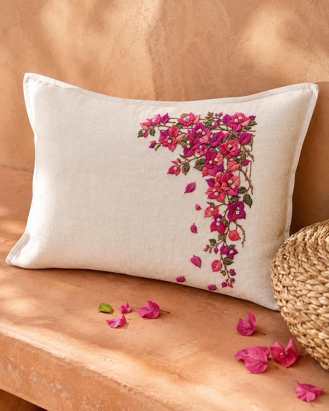 Bougainvillea Trellis Cascade framed textile display for the digital hand embroidery pattern and stitch guide