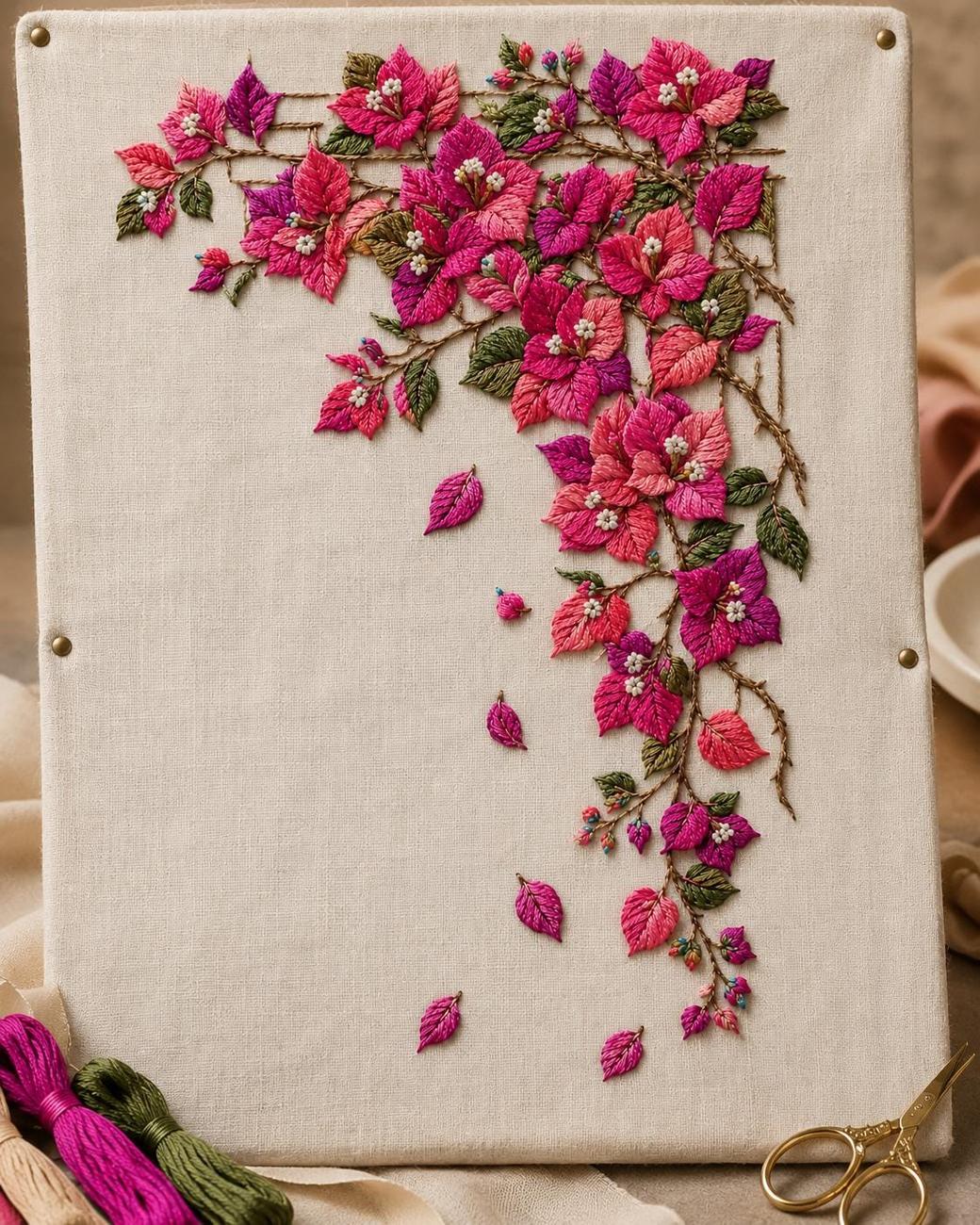 Bougainvillea Trellis Cascade embroidery portfolio display for the digital hand embroidery pattern and stitch guide