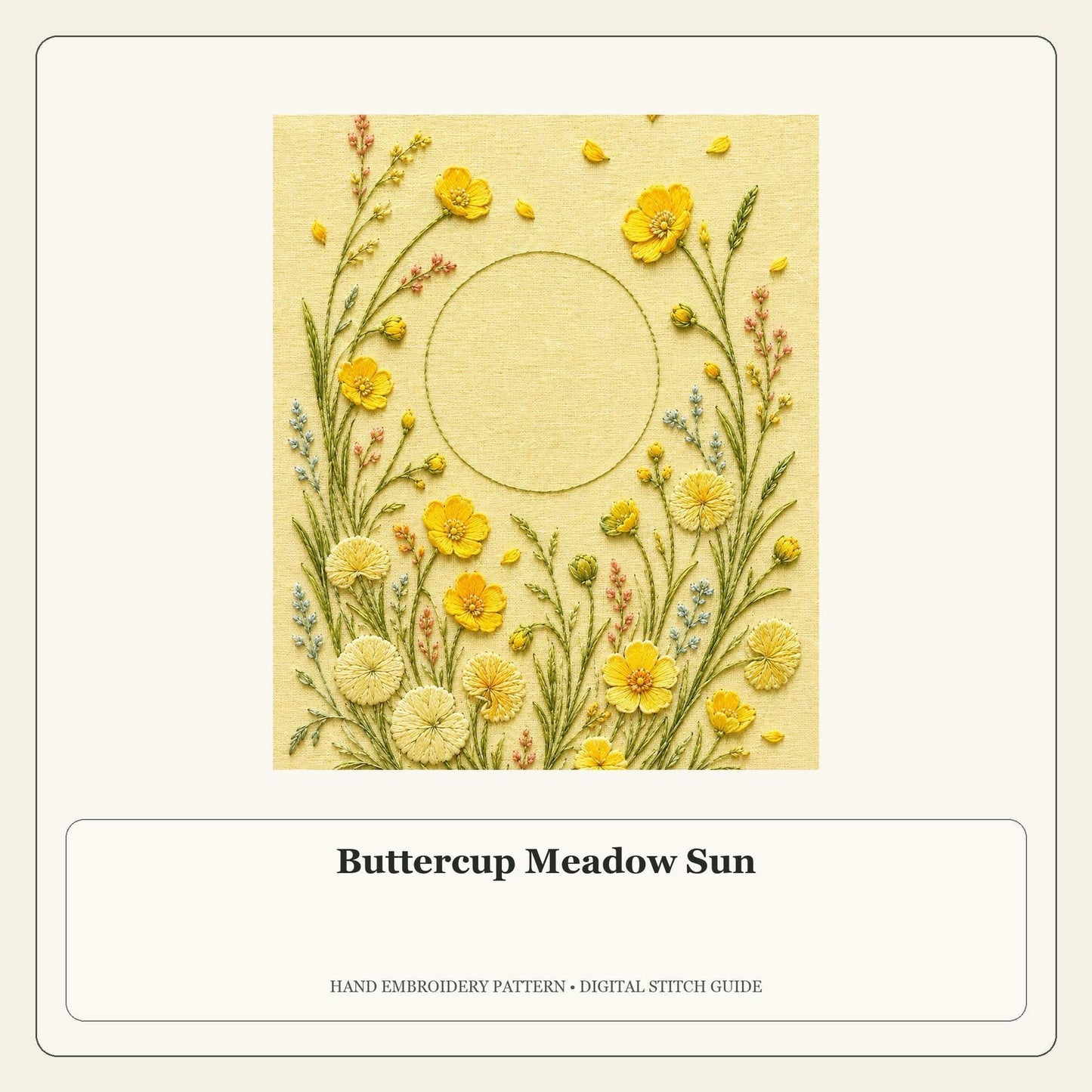 Buttercup Meadow Sun stitch guide cover for the digital hand embroidery pattern and stitch guide