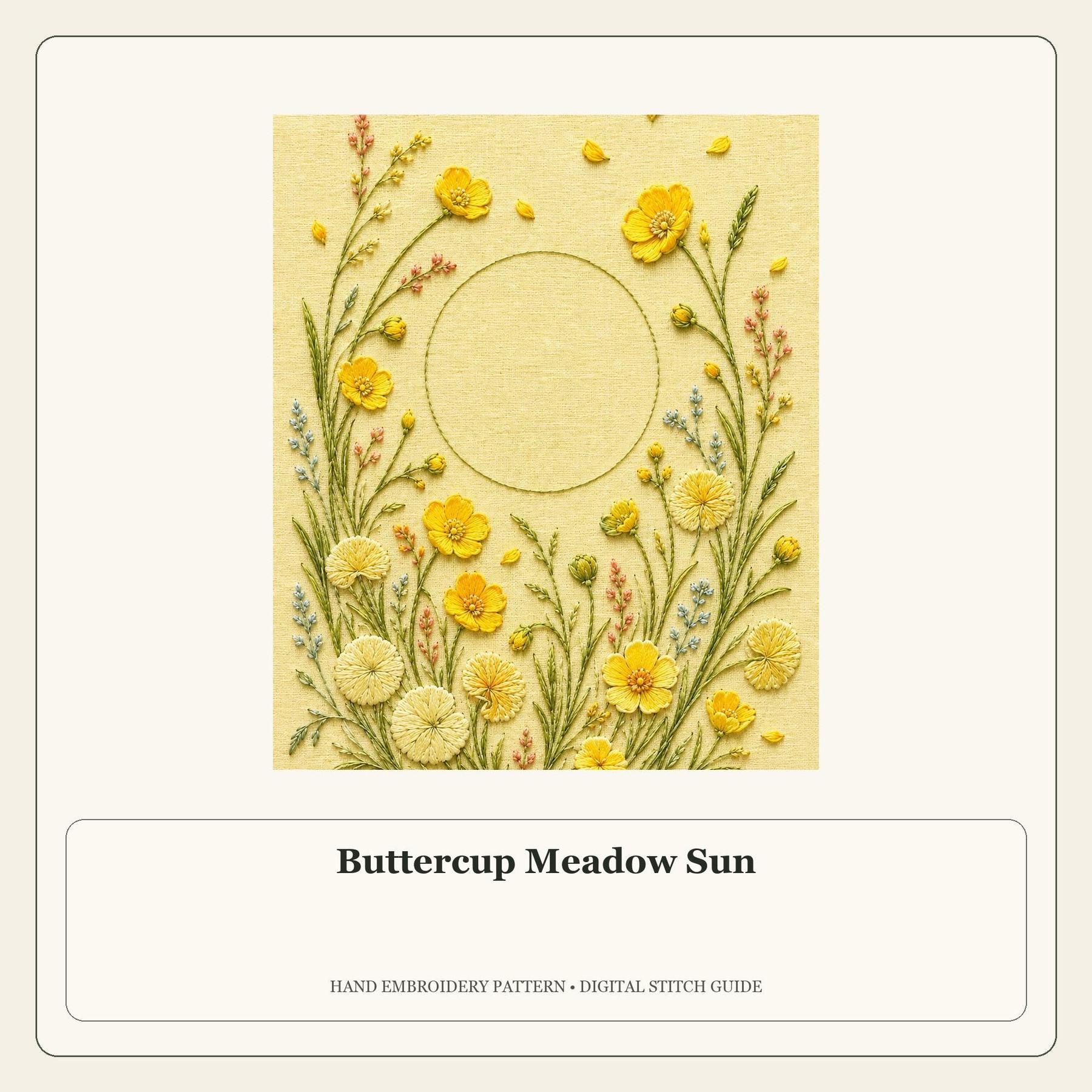 Buttercup Meadow Sun stitch guide cover for the digital hand embroidery pattern and stitch guide