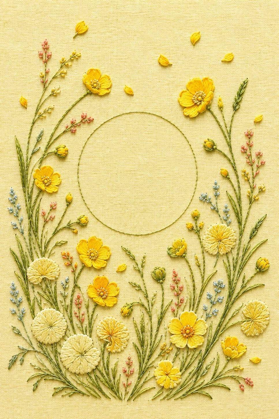 Buttercup Meadow Sun finished embroidery reference for the digital hand embroidery pattern and stitch guide