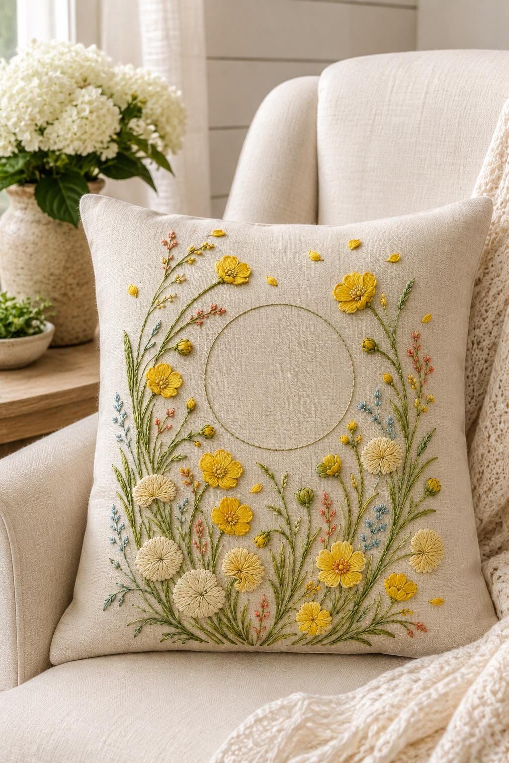 Buttercup Meadow Sun embroidered project idea for the digital hand embroidery pattern and stitch guide
