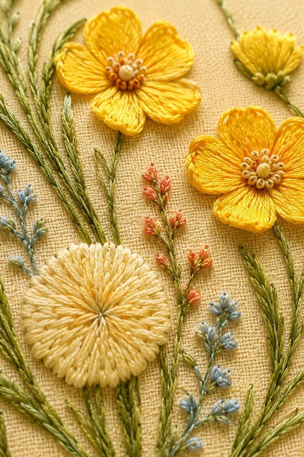 Buttercup Meadow Sun stitch detail closeup for the digital hand embroidery pattern and stitch guide